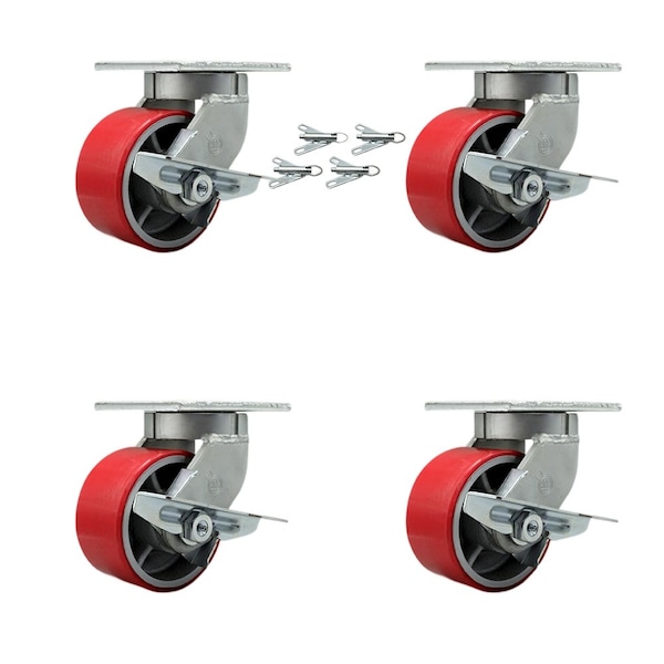 Service Caster 6'' Heavy Duty Red Poly on Cast Iron Caster Set with Brake and Swivel Lock, 4PK CRAN-SCC-KP92S630-PUR-RS-SLB-BSL-4 - main